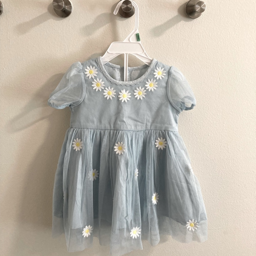 Stella McCartney Kids Blue Daisy Embroidered Tulle Dress with Bloomers, size 6M